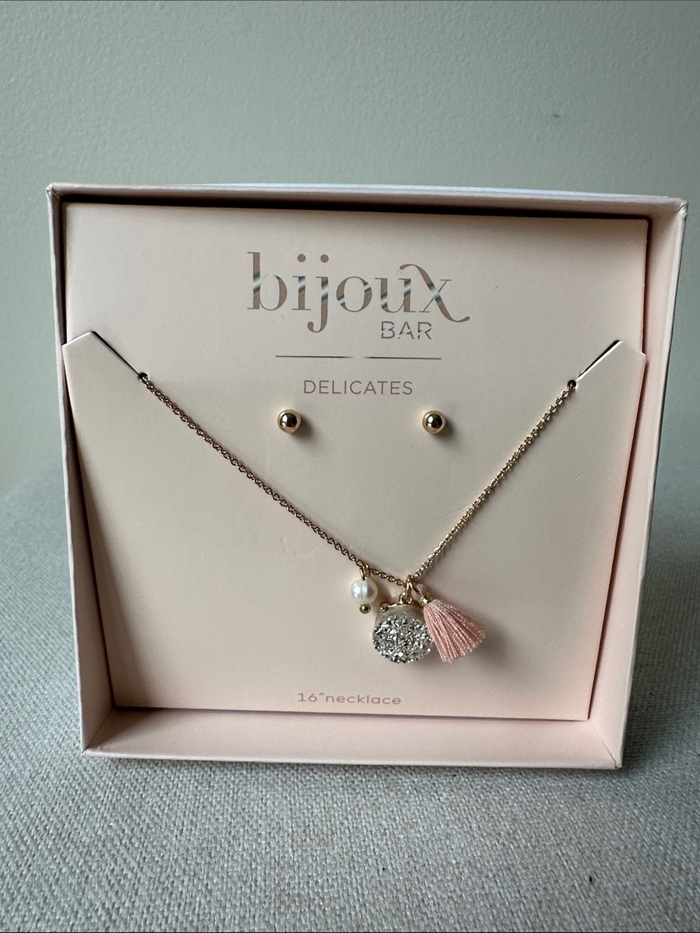 Bijoux Bar Gold Necklace with Pink Tassel, Pearl & Crystal Charm